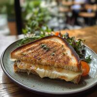Grilled Cheese Sandwich with Greens on Plate Appetizing Gourmet Food photo
