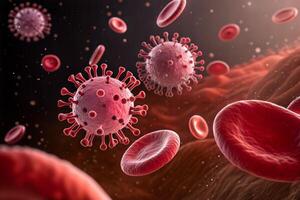 Detailed Microscopic View of Red Blood Cells and Virus Floating in Bloodstream photo
