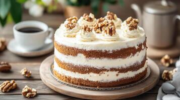 Delicious Layered Cake Topped with Walnuts and Cream Frosting on a Rustic Wooden Table photo