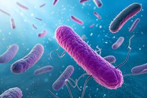 Detailed 3D Rendering of Bacteria with Flagella on a Light Blue Gradient Backdrop photo