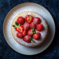 Golden Cake Dusted with Powdered Sugar and Topped with Fresh Strawberries on Plate photo