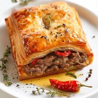 Delicious Square Pastry Filled With Beef, Red Pepper, and Thyme on White Plate photo
