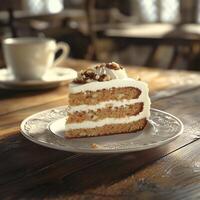 Delicious Slice of Layered Carrot Cake with Cream Cheese Frosting and Walnuts on Plate photo