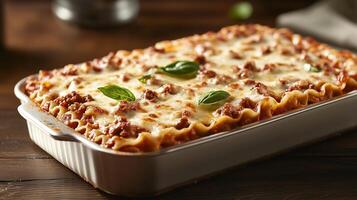 Delicious Baked Lasagna with Fresh Basil in a White Pan on a Rustic Wood Table photo