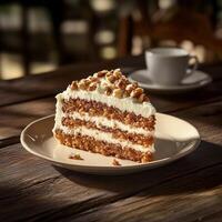 Delicious Carrot Cake Slice with Cream Cheese Frosting and Walnuts on Plate photo