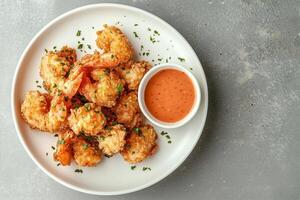 Crispy Fried Shrimp on White Plate with Dipping Sauce and Parsley Garnish photo