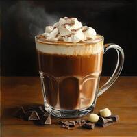 Hot Chocolate with Whipped Cream Topping and Dark Chocolate on Wooden Table, Oil Painting photo