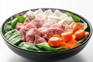 Fresh Raw Cubed Beef with Carrots, Spinach and Tofu in Black Bowl, White Background photo