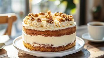 Delicious Layered Cake with Cream Frosting and Walnuts Topping on Plate photo