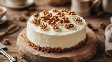 Delicious Walnut Cake with Cream Cheese Frosting on a Rustic Wood Cutting Board photo