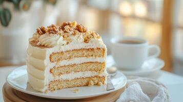 Delicious Layered Cake Slice with Cream Topping and Walnuts on a White Plate photo