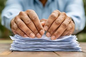 Close Up of Hands Organizing a Stack of Documents on Wooden Table photo