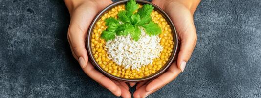 Hands Present Yellow Lentils and White Rice with Green Parsley on Gray Texture photo
