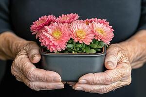 Elderly Hands Gently Holding Pink Chrysanthemum Flowers in Small Pot photo