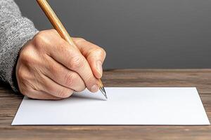 Hand Holding Pencil Above White Paper on Wooden Table Ready to Write photo