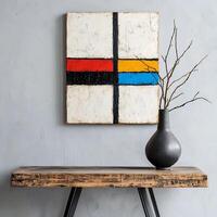 Abstract Geometric Painting with Red, Yellow, Blue, and Black Stripes on Rustic Wood Console Table photo