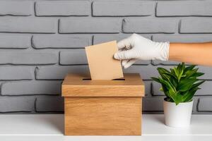 Hand In White Glove Inserts Blank Card Into Corrugated Box With Potted Succulent photo