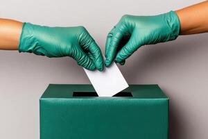 Hands in Green Gloves Depositing Ballot into Teal Box photo