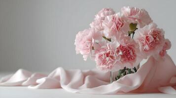 A soft arrangement of pink carnations with delicate fabric on a light backdrop photo