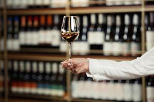 Glass of wine filled with white wine in female hand on cellar and bottles shelf background, close up with a free copy space for your text. photo
