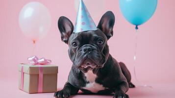 Celebrate with a French Bulldog in a Party Hat Surrounded by Balloons and Gifts photo
