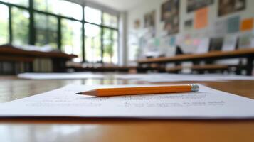 A Neat Desk Setup with Pencil and Paper Ready for Exam Preparation in Classroom Settings photo