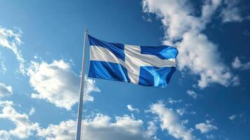 A Stunning 3D Render of the Finland Flag Flying Gracefully Against a Bright Blue Sky Background Perfect for Various Projects photo