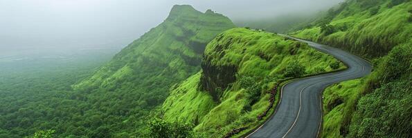 Curvy Mountain Road With Greenery Scene, Green Hill photo