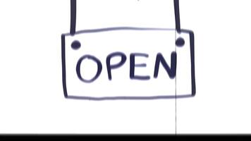 A drawing of an open sign hanging from a rope video