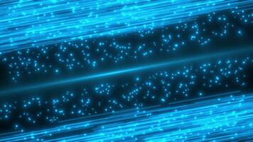 Abstract digital background with glowing neon particles flying. Flow dotted particle dots lines. Connection visualization. Motion flow of glowing bright particle lines. Seamless loop video