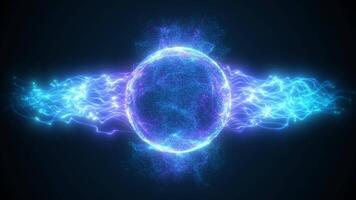 Particle sphere containing plasma streams. Plasma ball. Abstract animation of blue-purple energy sphere. Seamless looping animation video