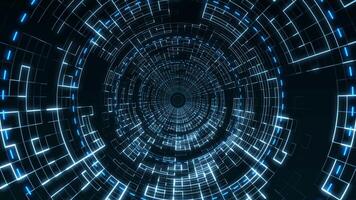 Background, tunnel consisting of square elements, sci-fi mesh, technological glowing surface. Technological cyberspace. Digital futuristic tunnel. Blockchain concept video