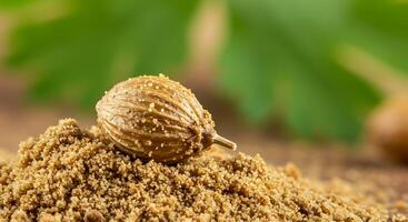 Coriander Seed and Powder Close-up with Green Herb Background for Culinary Use photo