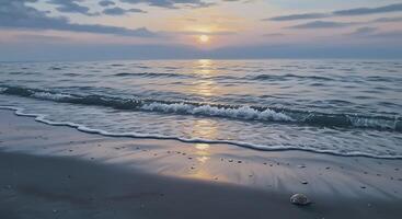 Ocean Beach at Sunset with Soft Waves and Seashell photo