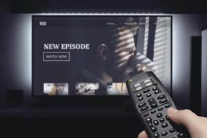 A person holding a remote control in front of a television screen photo