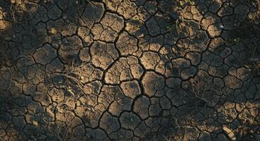 Cracked dry earth with dead roots exposed under sunlight. photo