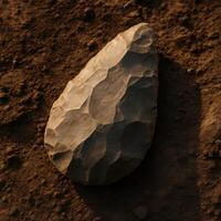 Hand axe in warm side light showing sharp flake marks and earthy texture. photo