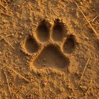 Close-up of Iberian lynx paw print in dry sandy soil, natural light. photo