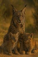 Iberian lynx mother with two cubs resting on dry grass, golden light. photo