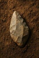 Partially buried Paleolithic hand axe on textured earth. photo