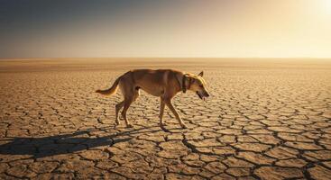 Thin dog walking on cracked dry land under strong sunlight photo