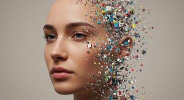 Human face dissolving into digital pixels, no eyes visible. photo