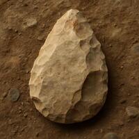 Paleolithic hand axe resting on natural earth background. photo