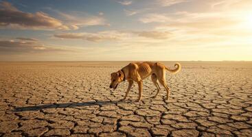Thin dog walking on cracked dry land under strong sunlight. photo