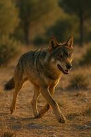 Iberian wolf moving swiftly across dry sunlit terrain hunting. photo