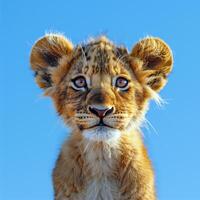 A lion cub looks up at the camera photo