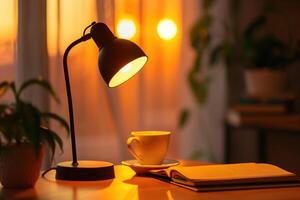 A lamp is on a table next to a cup photo