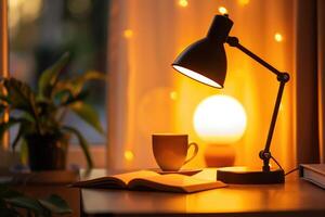 A lamp is on a table next to a book and a cup photo