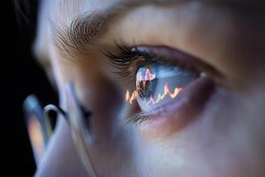 Stock trader is analyzing financial chart reflecting in his eyeglasses photo