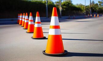 A row of orange and white cones are lined up on the road photo